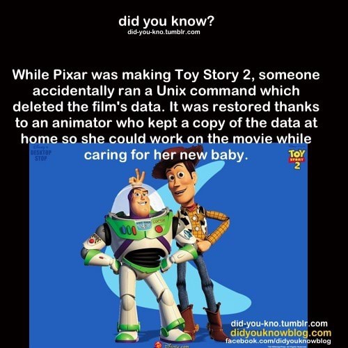 While Pixar was making Toy Story 2, someone accidentally ran a Unix command which deleted the