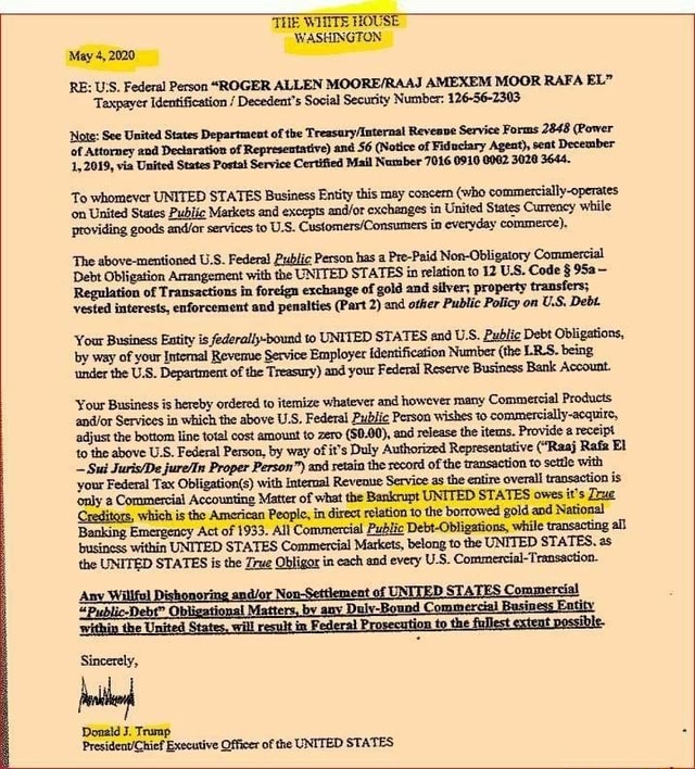 THE WITs HOUSE WASHINGTON May 4,2020 RE: U'S. Federal Person
