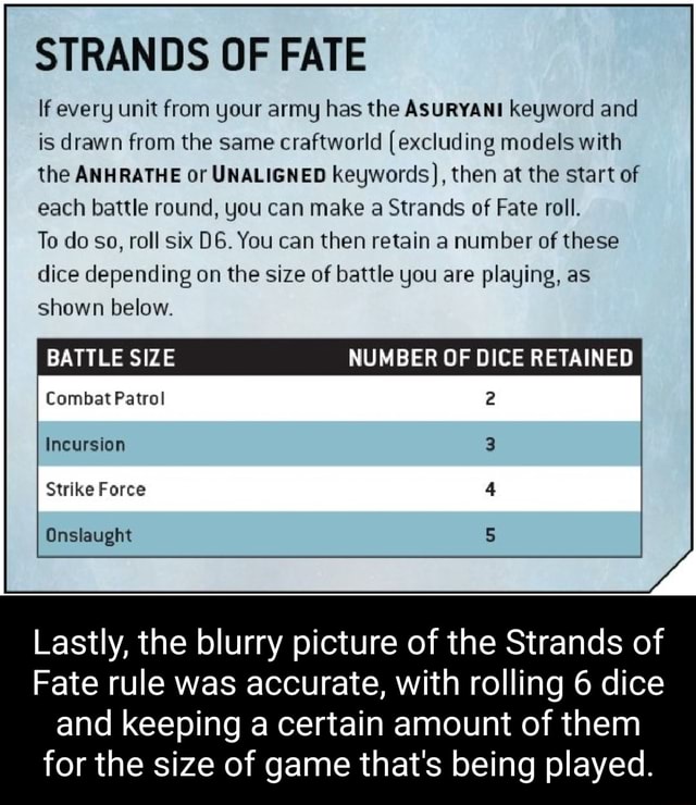 STRANDS OF FATE If every unit from your army has the ASURYANI keyword
