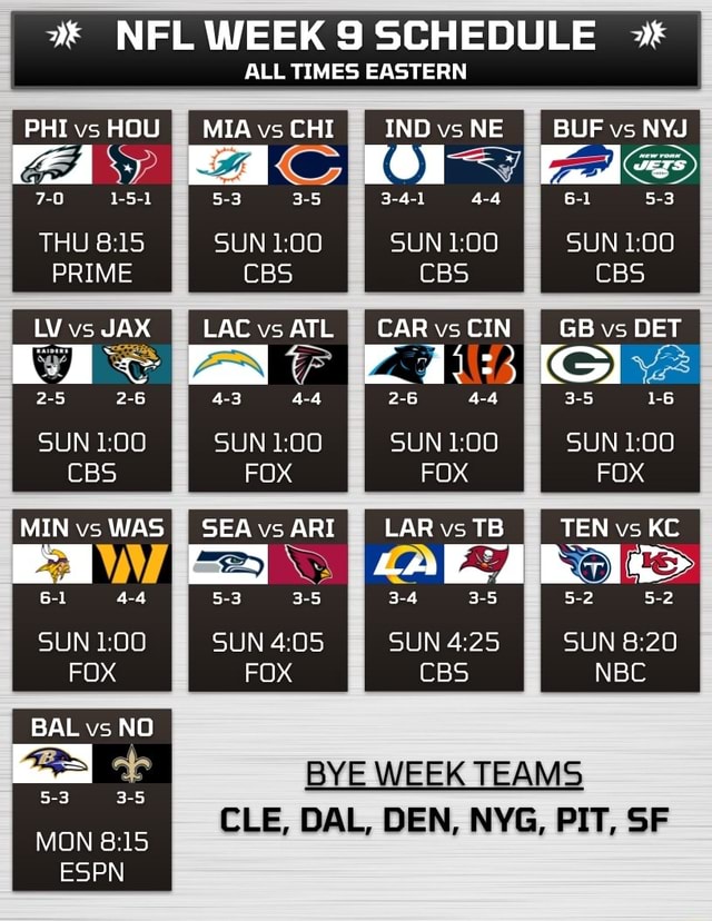 NFL WEEK S SCHEDULE ALL TIMES EASTERN PHI vs HOU I I MIA vs CHI IND vs ...