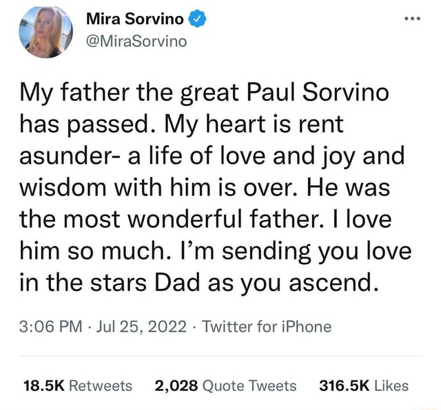 Mira Sorvino MiraSorvine My father the great Paul Sorvino has passed