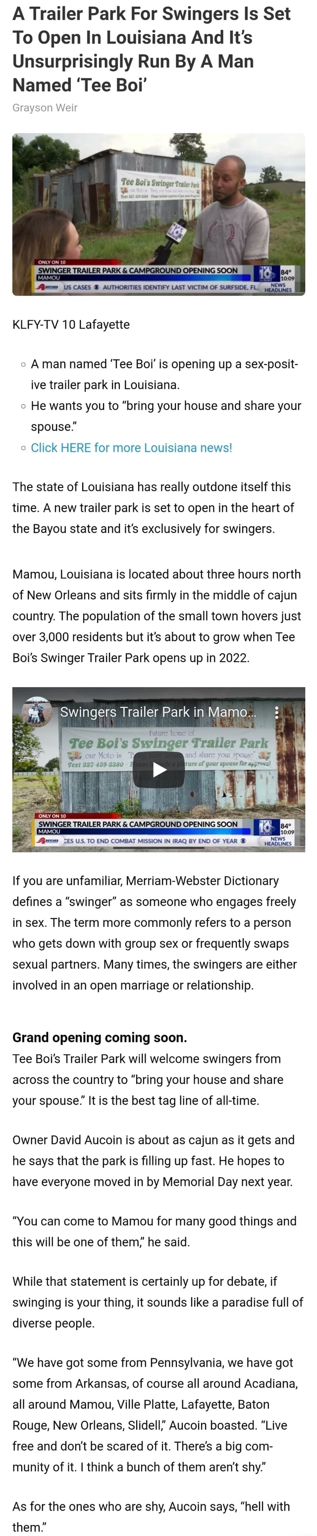 A Trailer Park For Swingers Is Set To Open In Louisiana And Its Unsurprisingly Run By A Man Named Tee Boi Grayson Weir Tee Bois Swinger Trailer KLFY-TV 10 Lafayette SWINGER TRAILERS CAME GROUND IS CASES AUTHORITIES IDENTIFY LAST