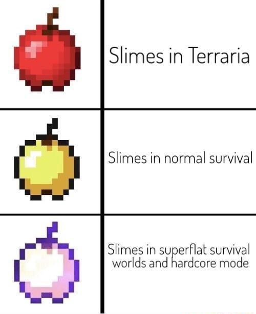 Slimes in Terraria Slimes in normal survival Slimes in superflat