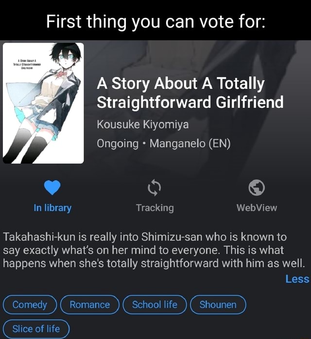 First Thing You Can Vote For A Story About A Totally Straightforward Girlfriend Kousuke Kiyomiya Ongoing Manganelo En In Library Tracking Webview Takahashi Kun Is Really Into Shimizu San Who Is Known To Say