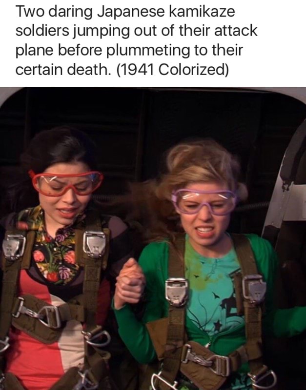 Two daring Japanese kamikaze soldiers jumping out of their attack plane