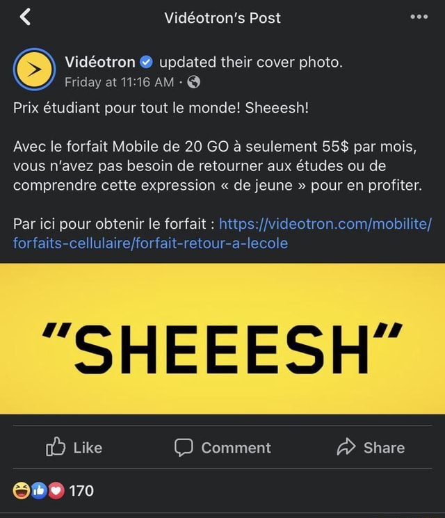 Videotron S Post Vidotron Updated Their Cover Photo Friday At Am Prix Tudiant Pour Tout Le Monde Sheeesh Avec Le Forfait Mobile De 20 Go Seulement 55 Par Mois Vous N Avez Pas Besoin De Retourner Aux Tudes Ou De Comprendre Cette Expression De