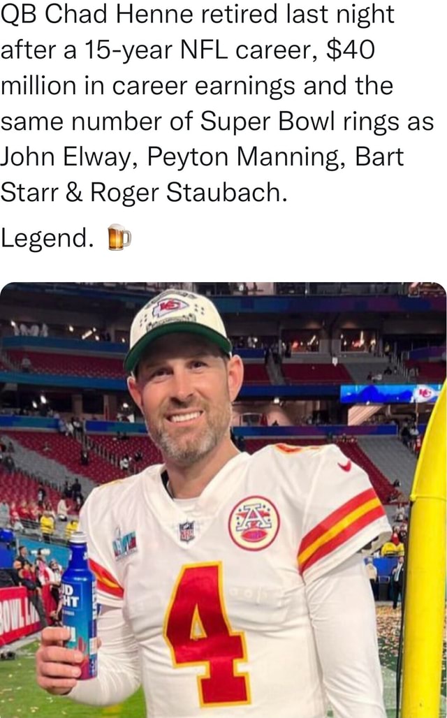 QB Chad Henne retired last night after a 15-year NFL career, $40 million in  career earnings and the Same number of Super Bowl rings as John Elway,  Peyton Manning, Bart Starr & Roger Staubach. Legend. [pp I I - iFunny Brazil