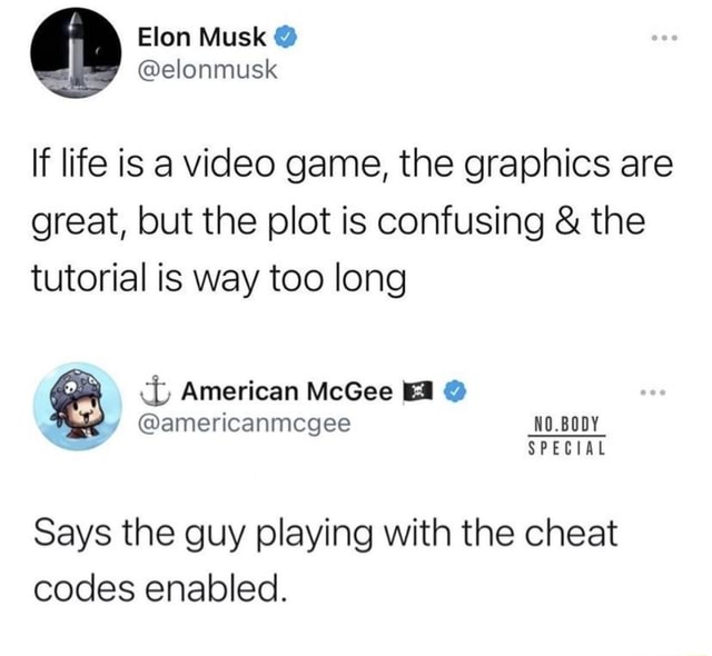 Elon Musk If Life Is A Video Game The Graphics Are Great But The Plot Is Confusing The 