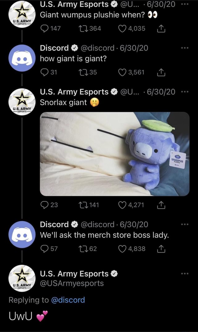 Cr U.S. Army Esports @ @U... Giant wumpus plushie when? 99 147 4,035 S ...