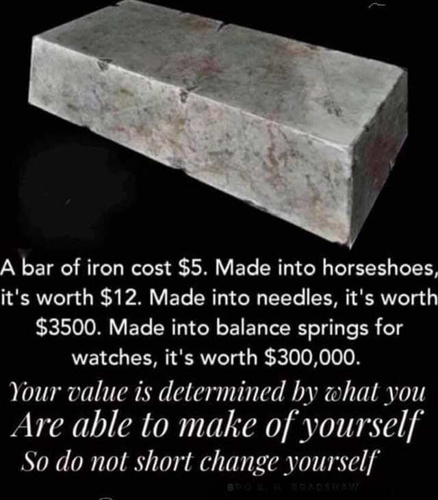 A bar of iron cost 5. Made into horseshoes, it's worth 12. Made into