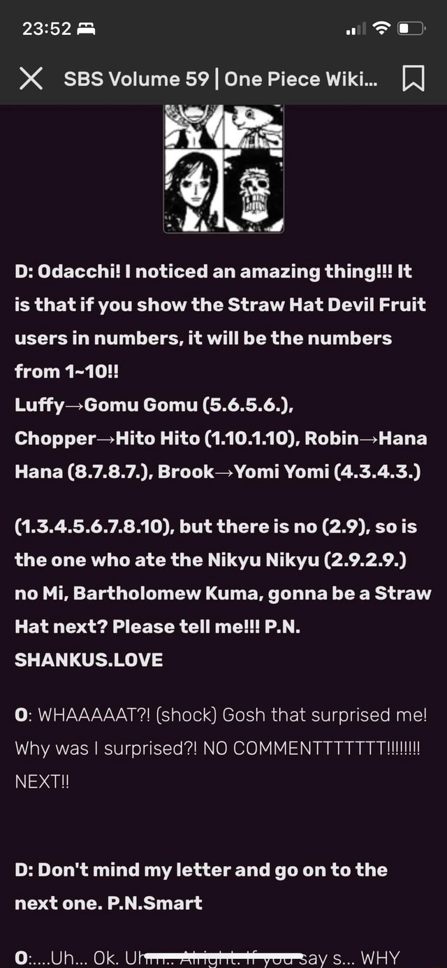 X< SBS Volume 59 I I One Piece Wiki [J AV. D: Odacchil I noticed an  amazing thing!!! It is that if you show the Straw Hat Devil Fruit users in  numbers