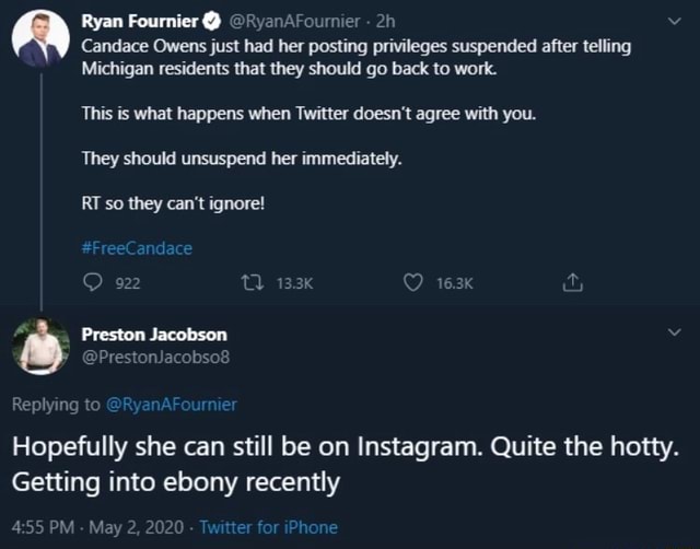 Ryan Fournier @RyanAFournier Candace Owens just had her posting ...