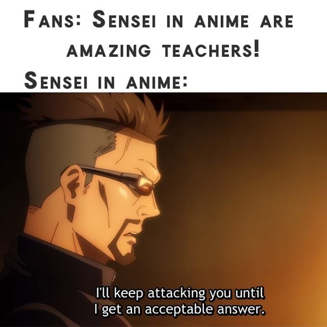 FANS: SENSEI IN ANIME ARE AMAZING TEACHERS! SENSEI IN ANIME: I'll keep ...