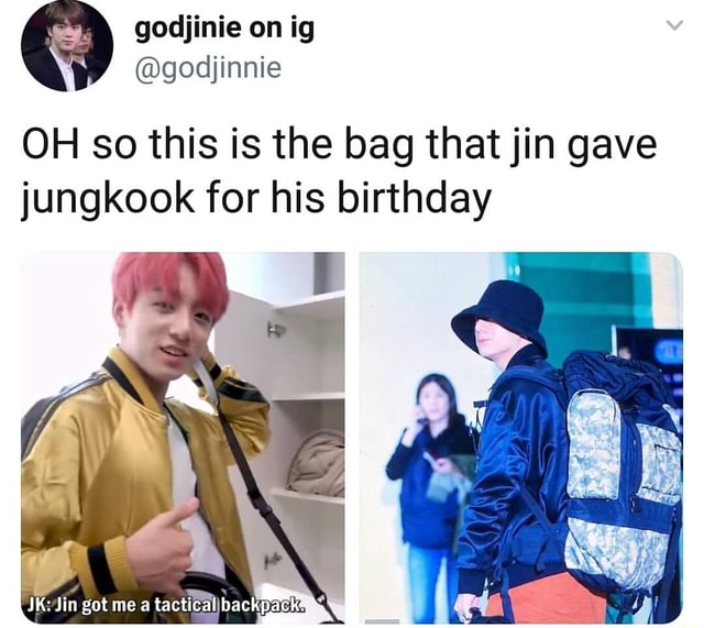 OH so this is the bag that jin gave jungkook for his birthday - iFunny