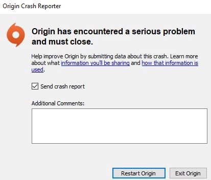 Origin Crash Reporter Origin has encountered a serious problem and must ...