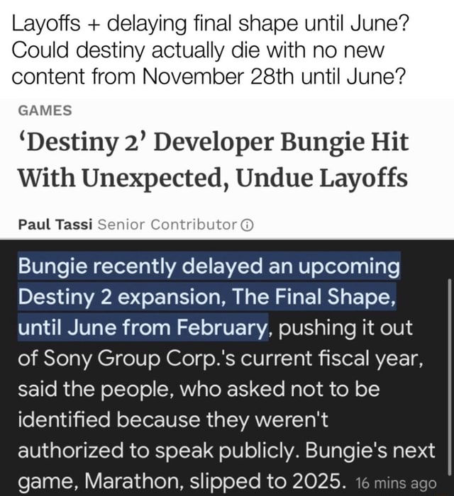 Layoffs Delaying Final Shape Until June Could Destiny Actually Die With No New Content From