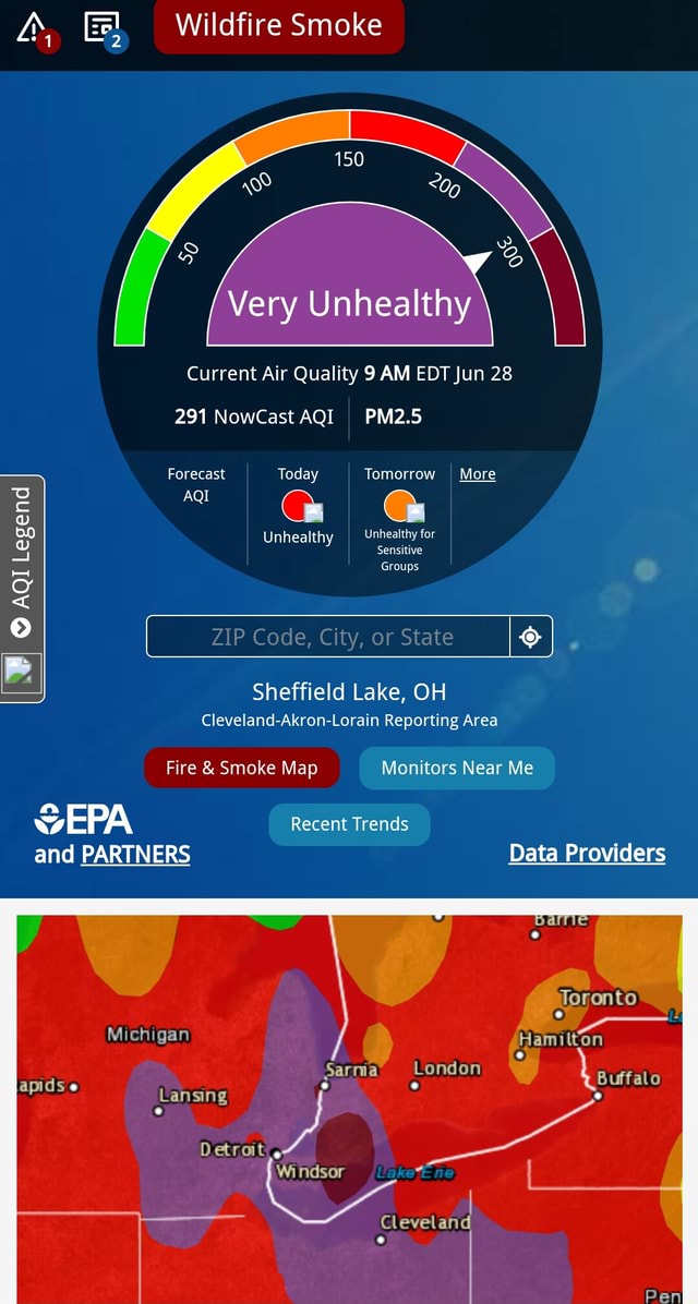 4, & Wildfire Smoke Very Unhealthy Current Air Quality 9 AM EDT Jun 28