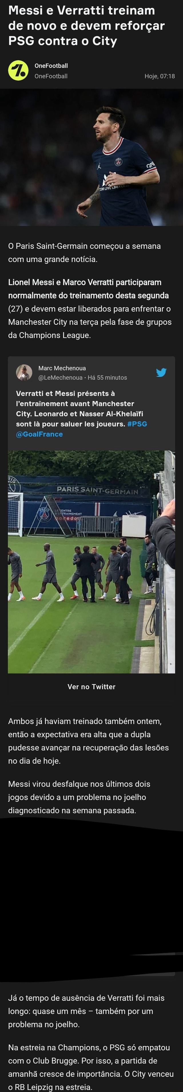 Messi e Verratti treinam de novo e devem reforçar PSG contra o City  OneFootball OneFootball Hoje, O Paris Saint-Germain começou a semana com  uma grande notícia. Lionel Messi e Marco Verratti participaram