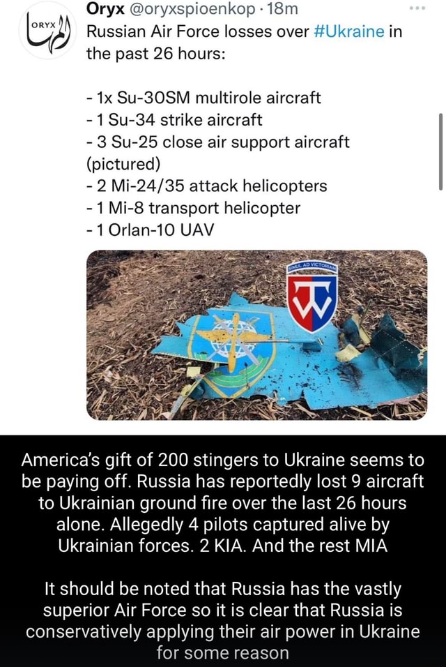 Oryx @oryxspioenkop Russian Air Force Losses Over #Ukraine In The Past ...