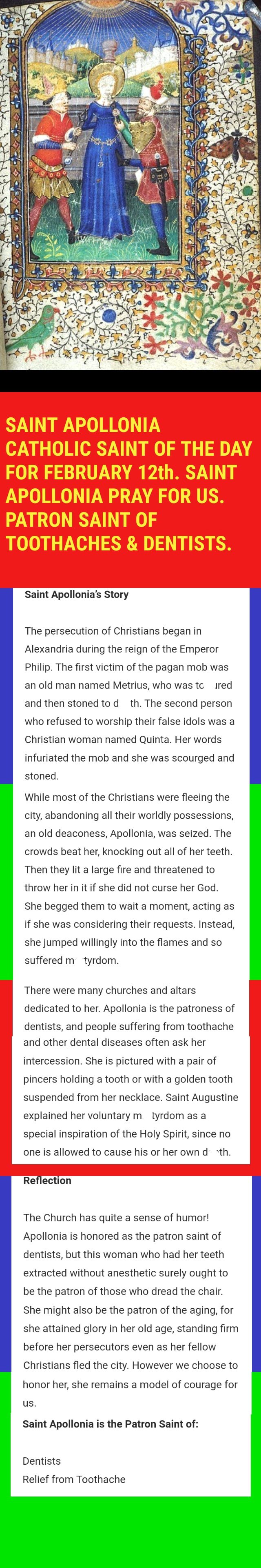 SAINT APOLLONIA CATHOLIC SAINT OF THE DAY FOR FEBRUARY 12th. SAINT