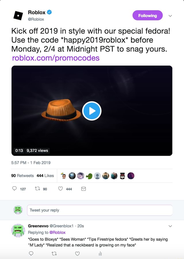 Fedora Neckbeard Justneckbeardthings Bloxys Twitter Roblox Following Roblox Kick Off 2019 In Style With Our Special Fedora Use The Code Happy2019roblox Before Monday At Midnight Pst To Snag Yours 9 372 Views - roblox kick off tips