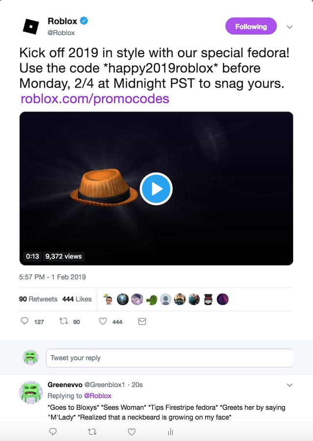 Fedora Neckbeard Justneckbeardthings Bloxys Twitter Roblox Following Roblox Kick Off 2019 In Style With Our Special Fedora Use The Code Happy2019roblox Before Monday At Midnight Pst To Snag Yours 9 372 Views - code roblox kick off