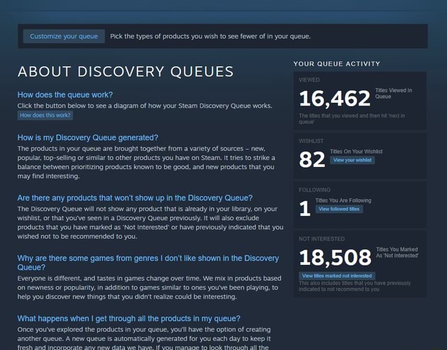 Steam discovery queue Customize your queue _Pick the types of products you wish to see fewer