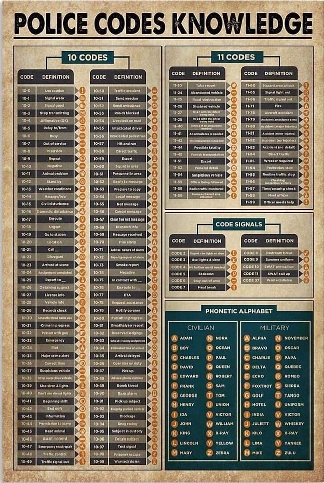 POLICE CODES KNOWLEDGE. 10 CODES 11 CODES DEFINITION CODE DEFINITION ...