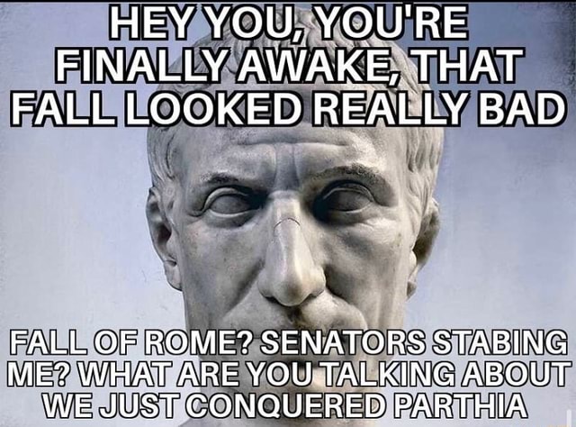Hey You You Re Finally Awake That Fall Looked Really Bad Fall Of Rome Senators Stabing Me What Are You Talking About We Just Conquered Parthia
