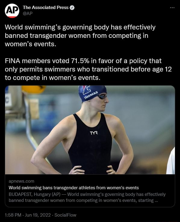 Following Lia Thomas outrage, FINA bans trans women from women's sports