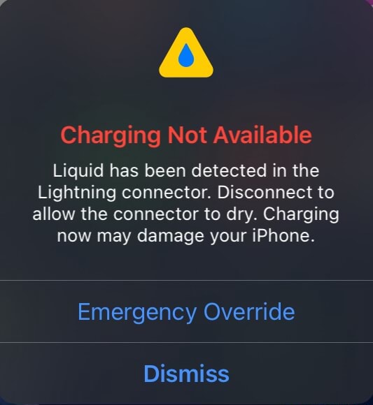 Charging Not Available Liquid has been detected in the Lightning