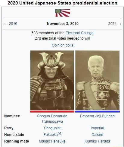 United Japanese States Presidential Election November 3 538 Members Of The Electoral College 270 Electoral Votes Needed To Win Pinion Polls Nominee Shogun Donarudo Emperor Joji Buriden Trumpogawa Party Shogunist