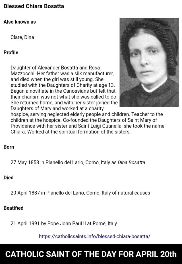 Blessed Chiara Bosatta Also known as Clare, Dina Profile Daughter of ...