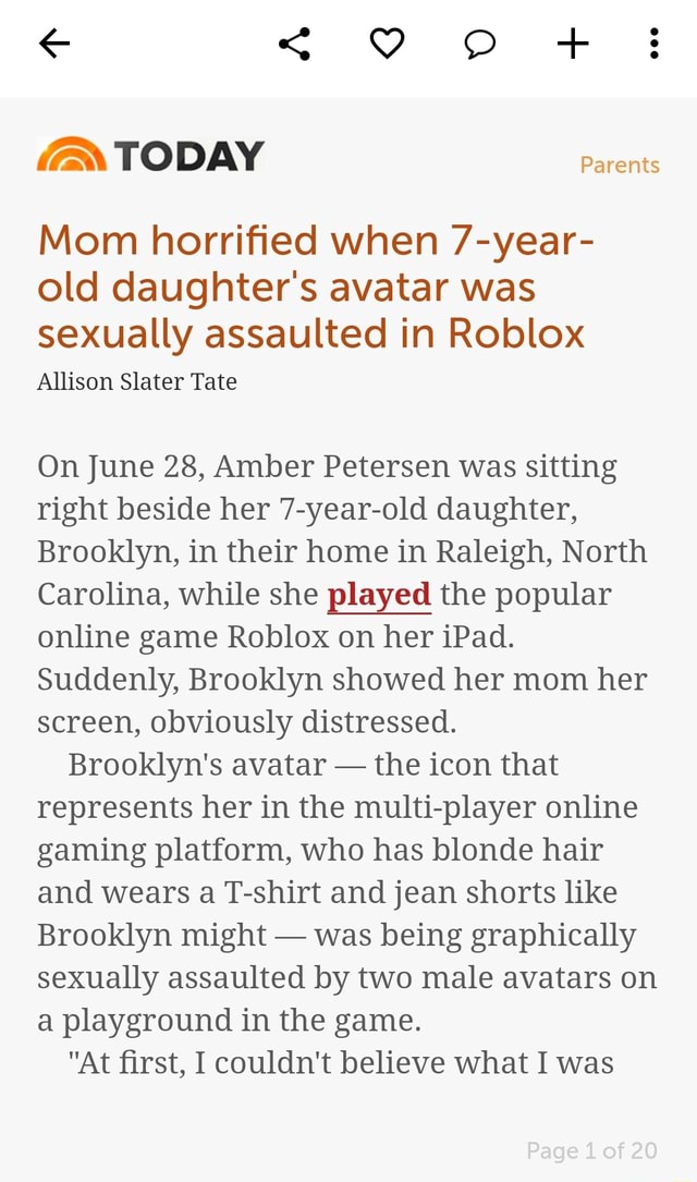 Mom Horriﬁed When 7 Year Old Daughter S Avatar Was Sexually Assaulted In Roblox Allison Slater Tate On June 28 Amber Petersen Was Sitting Right Beside Her 7 Year Old Daughter Brooklyn In Their Home In - roblox old avatar page