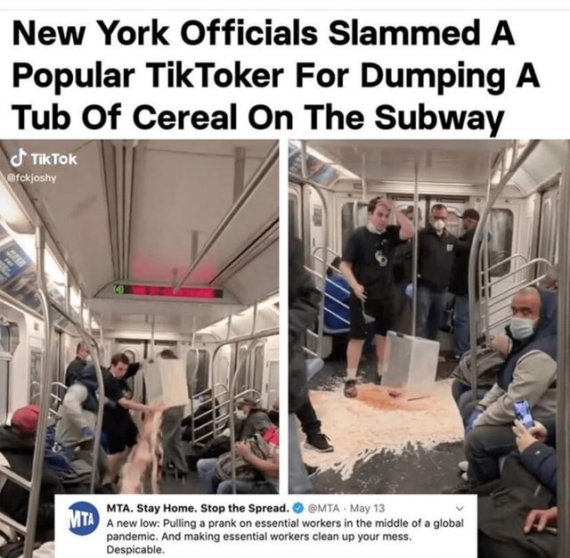 New York Officials Slammed A Popular Tiktoker For Dumping A Tub Of Cereal On The Subway Mta 8813