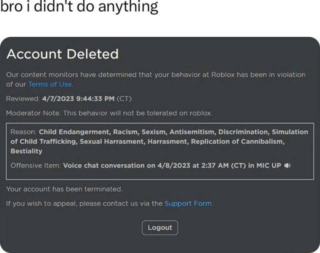 I got my account deleted and the report is in Spanish : r/ROBLOXBans