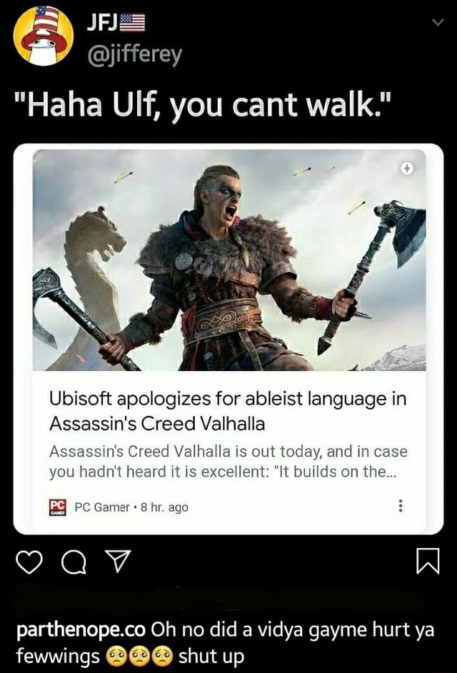 "Flaha UIf, you cant walk." Ubisoft apologizes for ableist language in