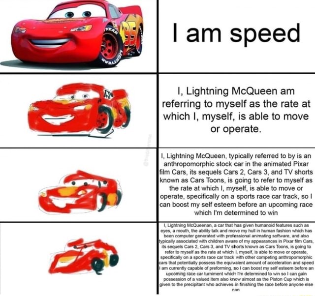 Am speed I, Lightning McQueen am referring to myself as the rate at which I,  myself, is able to move or operate. I, Lightning McQueen, typically  referred to by is an anthropomorphic