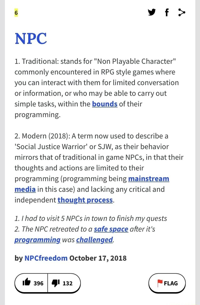 NPC 1. Traditional stands for "Non Playable Character" commonly encountered in RPG style games