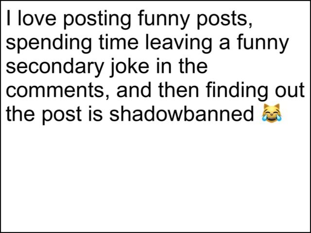 I love posting funny posts, spending time leaving a funny secondary joke in  the comments, and then finding out the post is shadowbanned 