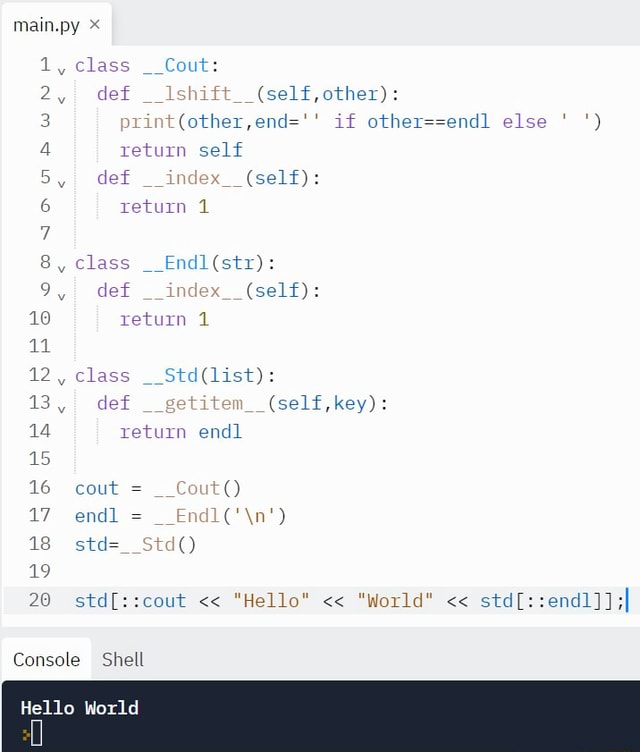 Mainpy class __Cout: 2, def _ : 3 if elher endl else 4 return self S ...