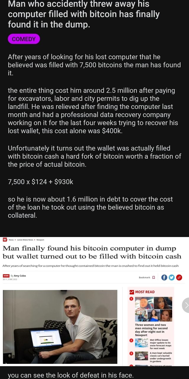 man throws away computer with bitcoins