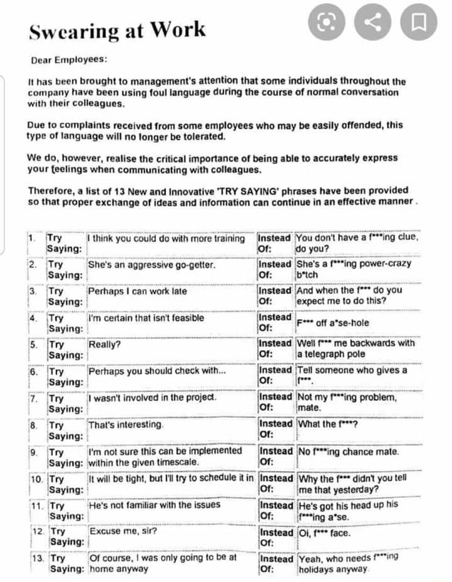 Swearing At Work Dear Employees It Has Been Brought To Management S   63de69aa1f56ccc036a1bed7f3bf61b1f6718894433d109285cac66d89b40b2b 1 