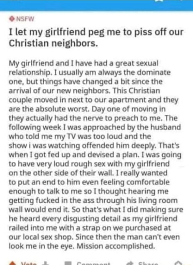 O Nsfw I Let My Girlfriend Peg Me To Piss Off Our Christian Neighbors