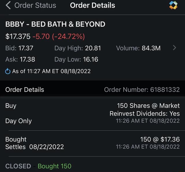 Order Status Order Details BBBY - BED BATH & BEYOND $17.375 -5.70 (-24. ...