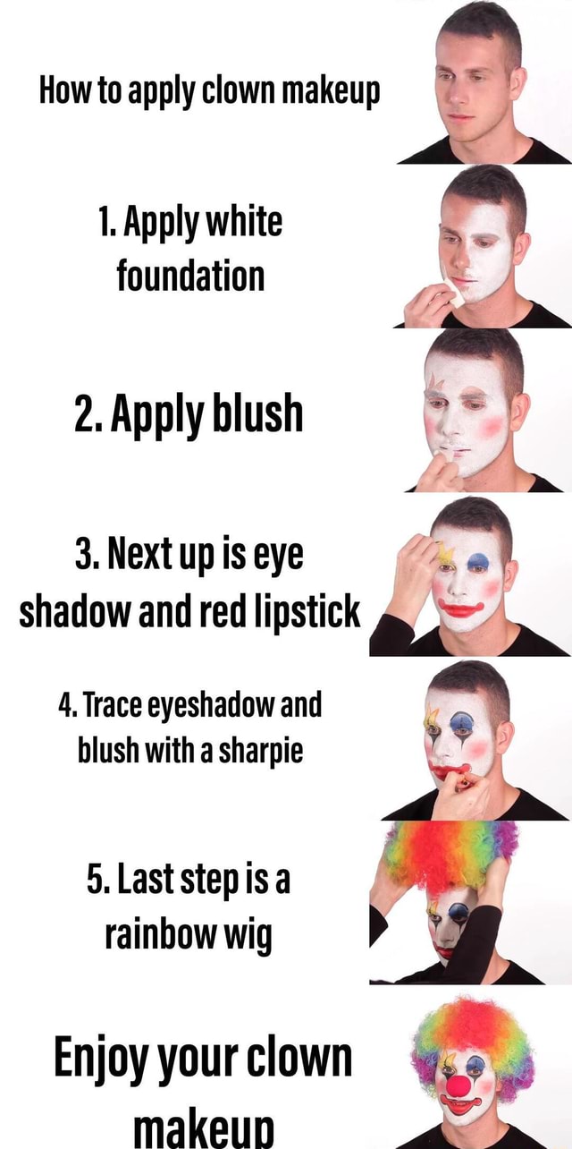 How to apply clown makeup 1. Apply white foundation 2. Apply blush 3