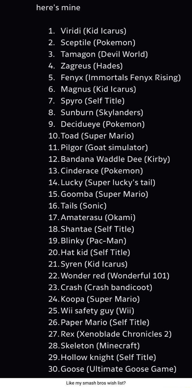 Here's mine Viridi (Kid Icarus) Sceptile (Pokemon) Tamagon (Devil World