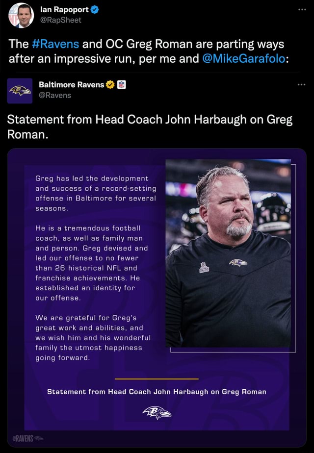 Baltimore Ravens on X: Statement from Head Coach John Harbaugh on Greg  Roman.  / X