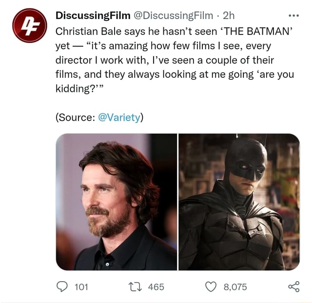 DiscussingFilm Christian Bale says he hasn't seen 'THE BATMAN' yet ...