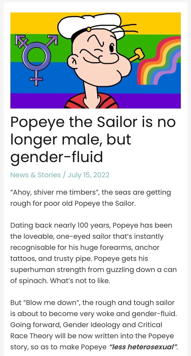 Popeye the Sailor is no longer male, but gen derfluid News & Stories
